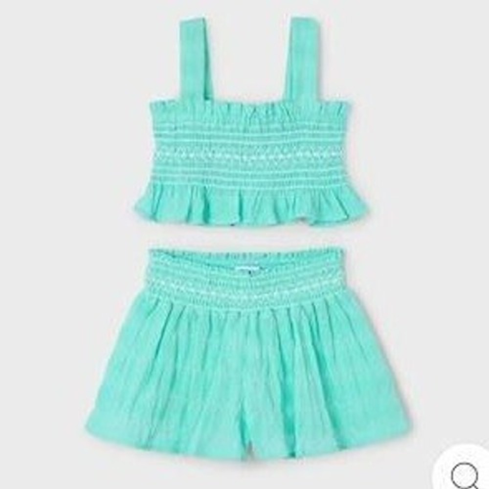 Mayoral Girls Turquoise Cotton Gauze Smocked Ruffle Top & Shorts Set Size 10